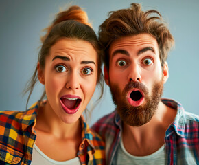 Shocked young couple with wide eyes and open mouths, surprise. 