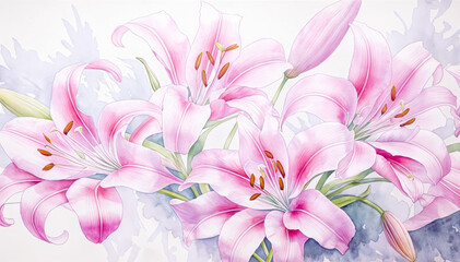 The flowers are in various shades of pink and white lily painting