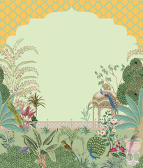 Traditional mughal motif, frame, arch, peacock, flower, garden, forest pattern vector - obrazy, fototapety, plakaty
