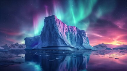 AI-generated illustration of an iceberg illuminated by vibrant northern lights