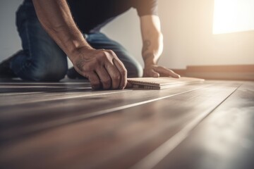 Improvement homeowner installing wooden laminate. Craftsman laying roof wooden panels. Generate ai