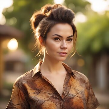 a beautiful brunette woman with a messy beehive hair style outdoors