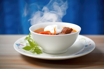 goulash soup in a white bowl, steam rising, on a blue cloth