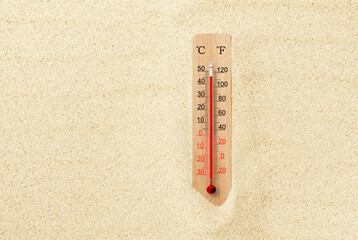 Hot summer day. Celsius and fahrenheit scale thermometer in the sand. Ambient temperature plus 46 degrees - obrazy, fototapety, plakaty