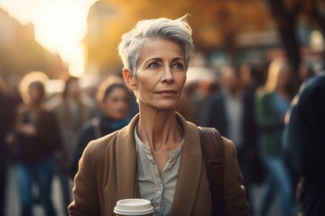 Mature woman drinks takeaway coffee on urban street. Adult female walks in people crowd. Generate ai