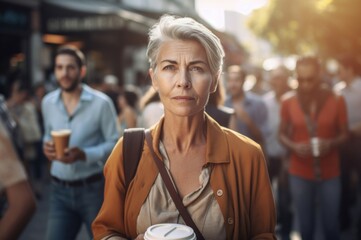 Mature woman drinks coffee on populous urban boulevard. Female walker portrait with hot beverage....