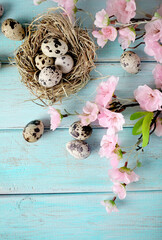 easter eggs and flowers on rustic wooden background