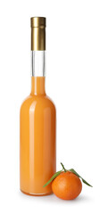 Bottle of tasty tangerine liqueur and fresh fruit isolated on white