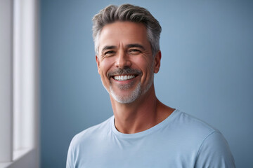 Middle aged man with perfect, clean, white teeth smile on solid blue background for dentist advertisement.