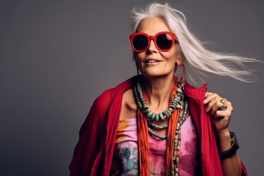 Mature hippie woman in red sunglasses and a red scarf.