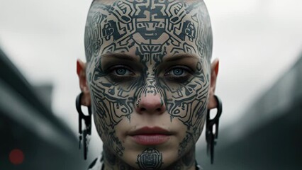An angular face adorned with intricate facial tattoos, each symbol representing a significant achievement or personal triumph.