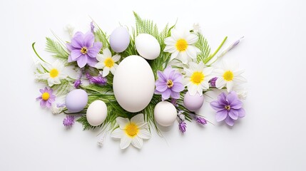 Obraz na płótnie Canvas Flat Lay Background Fancy Handmade Eggs in straw nest and spring flower. Easter Concept