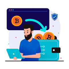 Fototapeta premium Man buys bitcoins and deposits them into his wallet