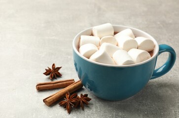 Tasty hot chocolate with marshmallows and spices on light grey table, closeup