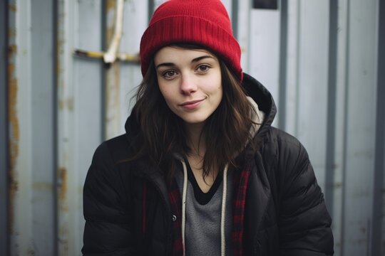 young beautiful hipster woman in red beanie hat and jacket posing emotional happy on industrial background, lifestyle people concept