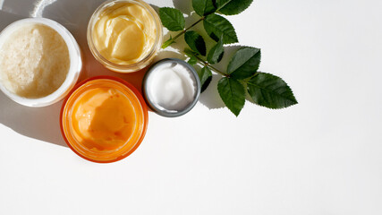 Skincare cosmetics.  Composition of a different containers with natural herbal moisturising...