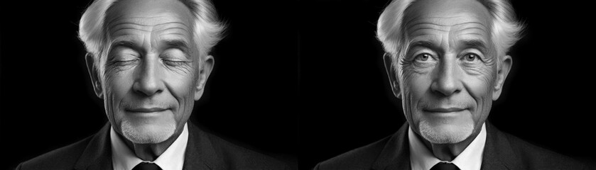 double portrait of an 60 years old man with open and closed eyes, black and white, studio, generative ai - obrazy, fototapety, plakaty