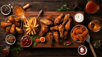 Obraz na płótnie Canvas chicken wings, french fries and chicken wings on a wooden table, large table of assorted take out food such as pizza, french fries, onion rings, fried chicken and chicken wings