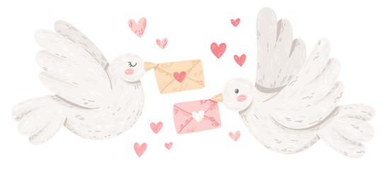 Two doves with love letters. Vector illustration of white birds with letters and pink hearts. Elements for wedding or St. Valentines Day decoration
