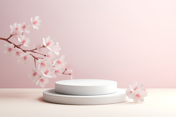 Fototapeta na wymiar Minimalist Springtime Display with Cherry Blossoms and Pedestal