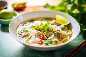 vietnamese pho soup with herbs and lime