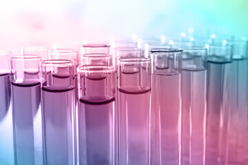 Test tubes with liquid, closeup. Color toned