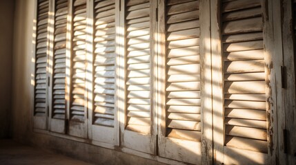 Distressed wooden shutters allowing dappled sunlight to filter into the rooms.