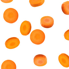 Fresh carrot slices falling on white background