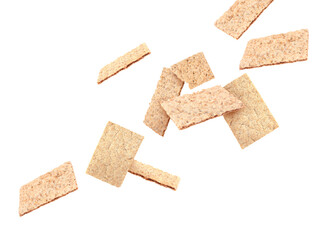 Crispbreads falling on white background. Healthy snack