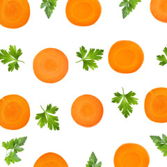 Fresh carrot slices and green parsley on white background, pattern