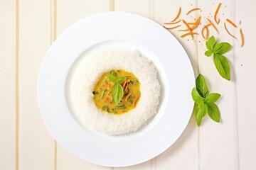 top view of korma with jasmine rice on a white plate, mint decor
