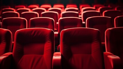 Close-up of rows of empty comfortable red chairs in a cinema, theater.