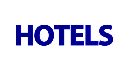 Hotels - blaue plakative 3D-Schrift, Urlaub, Übernachtung, Zimmer, Schlafen, Wellness,  Gastwirtschaft, Reise, Buchung, Freisteller
