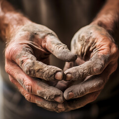 Close Up of dirty stained palm hand, cement dust in construction site. Workers hand concept.