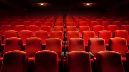 Empty rows of red chairs in a theater or cinema on a dark background. Comfortable chairs, armchairs in the cinema room. - obrazy, fototapety, plakaty