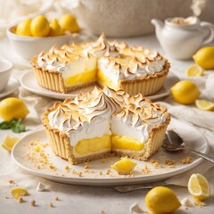 lemon cake with merengue on plate. AI Generated.