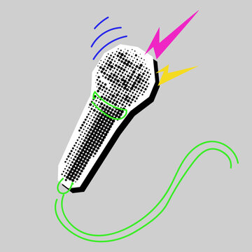 recommend clip art: Microphone, voice, bass collage grunge pop art rock. A black and white picture with colored inserts. The tool is like a clipping from a magazine. A bright doodle on a dotted black and white drawing