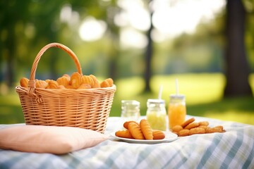 basket of madeleines at a picnic setting, natural light - obrazy, fototapety, plakaty
