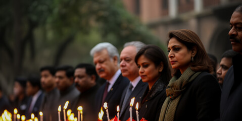 Group of solemn people holding lit candles in a vigil to commemorate a solemn occasion or tribute - obrazy, fototapety, plakaty