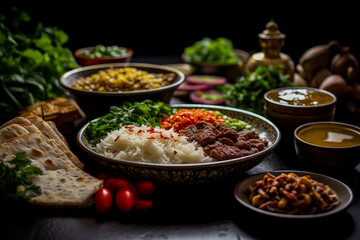 Assorted traditional Middle Eastern dishes artfully presented for Nowruz, ideal for concepts related to regional cuisine or cultural celebrations - obrazy, fototapety, plakaty