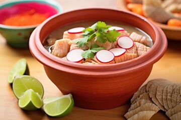 red pozole in a clay bowl with radish and lime slices