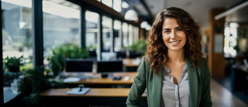 Confident businesswoman smiling in a modern office environment, representing professionalism and success in the workplace