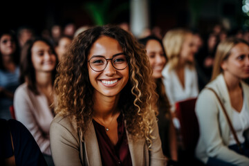Smiling woman with curly hair and glasses at a social gathering, concept of happiness and community - obrazy, fototapety, plakaty