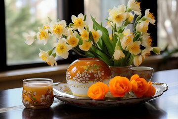Obraz na płótnie Canvas A cozy spring setting with daffodils in a decorated vase on a tray with candles, suggesting a serene Easter or springtime theme