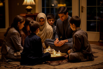 A family gathers intimately around traditional decorations in a warm indoor setting, possibly celebrating Ramadan or Eid
