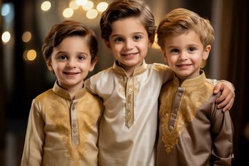 Three young boys smiling in traditional ethnic attire, possibly celebrating a cultural or religious festival , Eid Celebrations