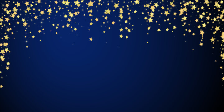 Magic stars vector overlay. Gold stars scattered around randomly, falling down, floating. Chaotic dreamy childish overlay template. on dark blue background.