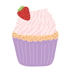 Kids hand drawn muffin with cream and strawberry. Sweet muffin in doodle naive cupcake.