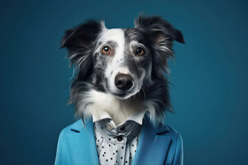 Anthropomorphic dog portrait. Human body with Border Collie head. Animals in clothes.