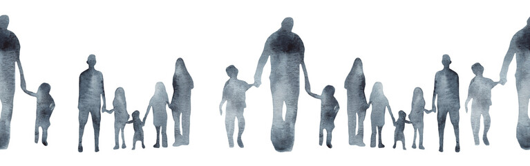 Watercolor border with silhouettes of people. Brush strokes in the form of blue silhouettes of people,Silhouette of family on white background.